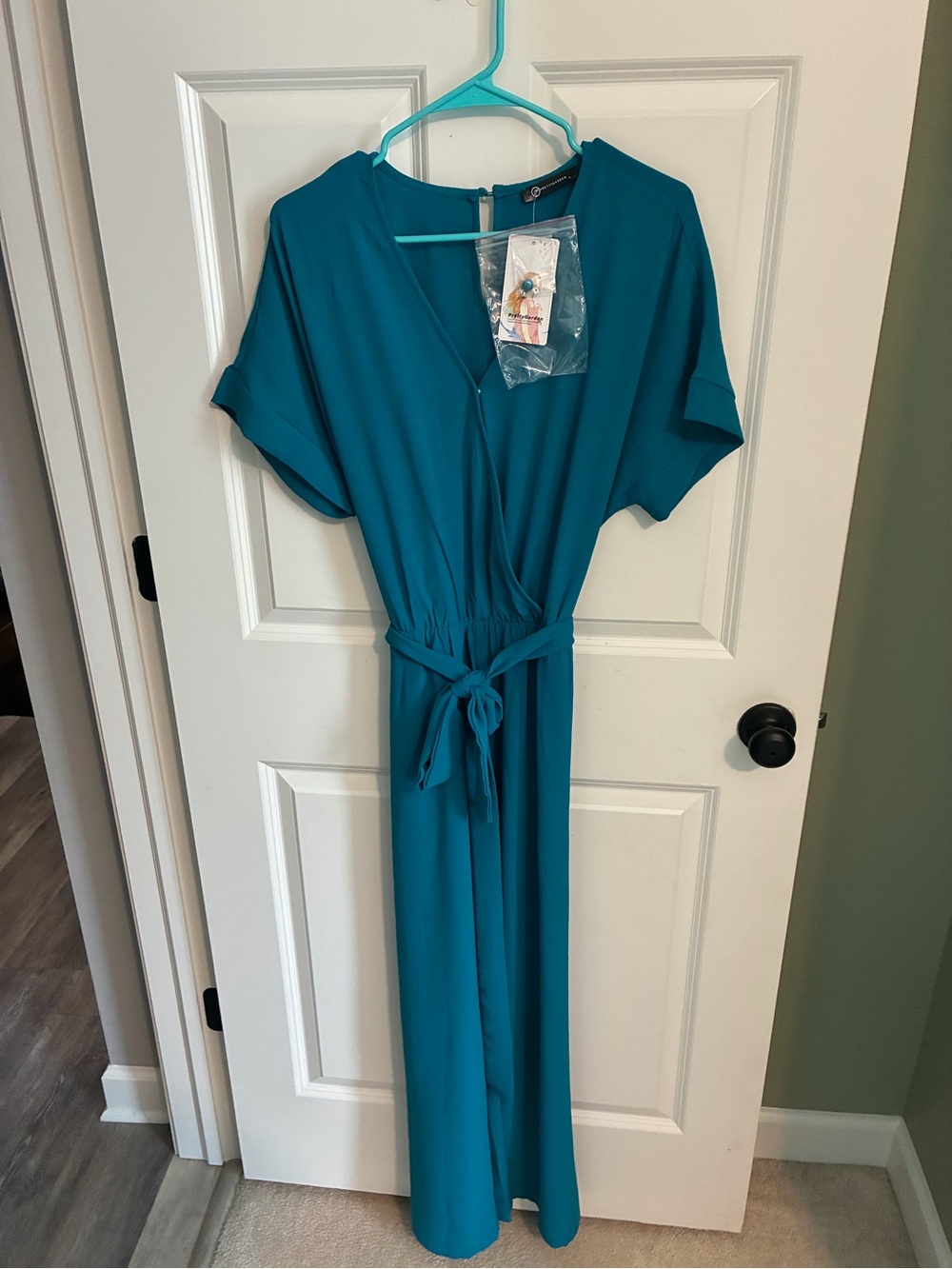 Teal Wrap-Front Maxi Jumpsuit with Tie Waist